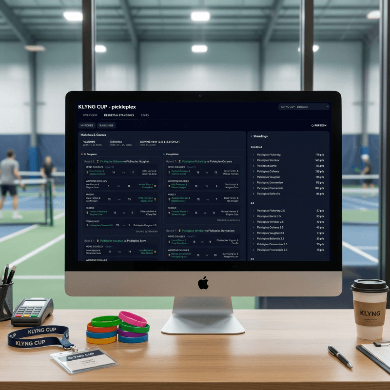 Live results and standings on iMac at Klyng Cup tournament HQ