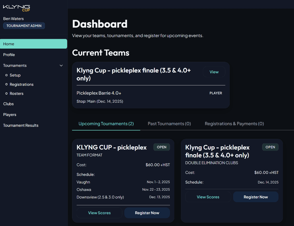 Klyng Cup player dashboard showing tournament stats, DUPR ratings, and upcoming matches